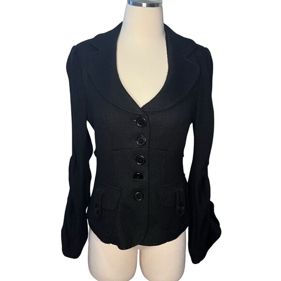 Nanette Lepore Blazer V-Neck Knit Black Buttons Career Office Size M Wool Blend - Picture 1 of 8